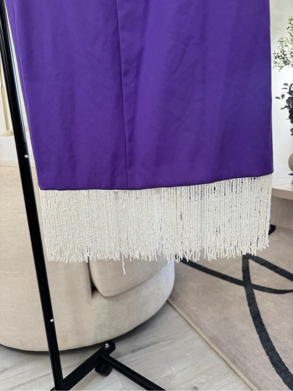 Uterqüe Violet Pencil Skirt with Fringe Hem and Belt